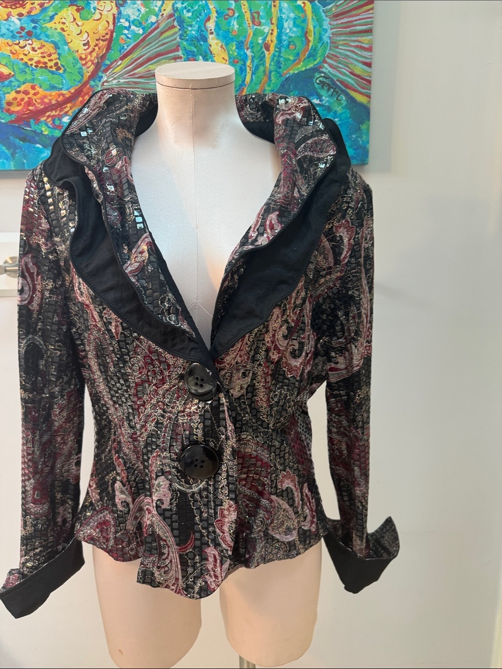 Song & Sung Vintage Black and Burgundy Paisley Glittery  Button Jacket EUC